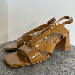 Anthro Maeve Patent Leather Brown Tan Block Heels Sandals 39
